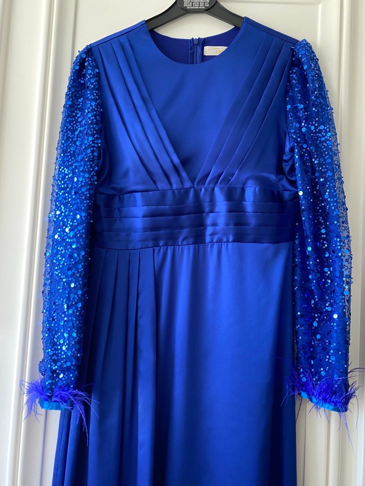 Parlak Mavi Uzun Kollu Kadın Abiye Elbise - Görsel 2