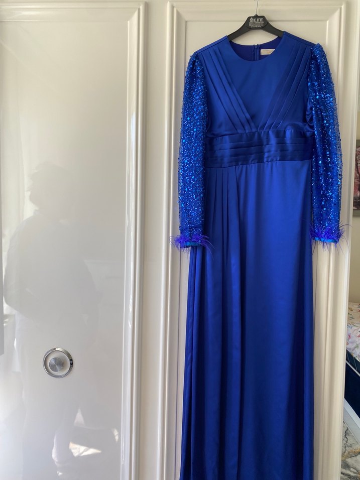 Parlak Mavi Uzun Kollu Kadın Abiye Elbise - Görsel 3