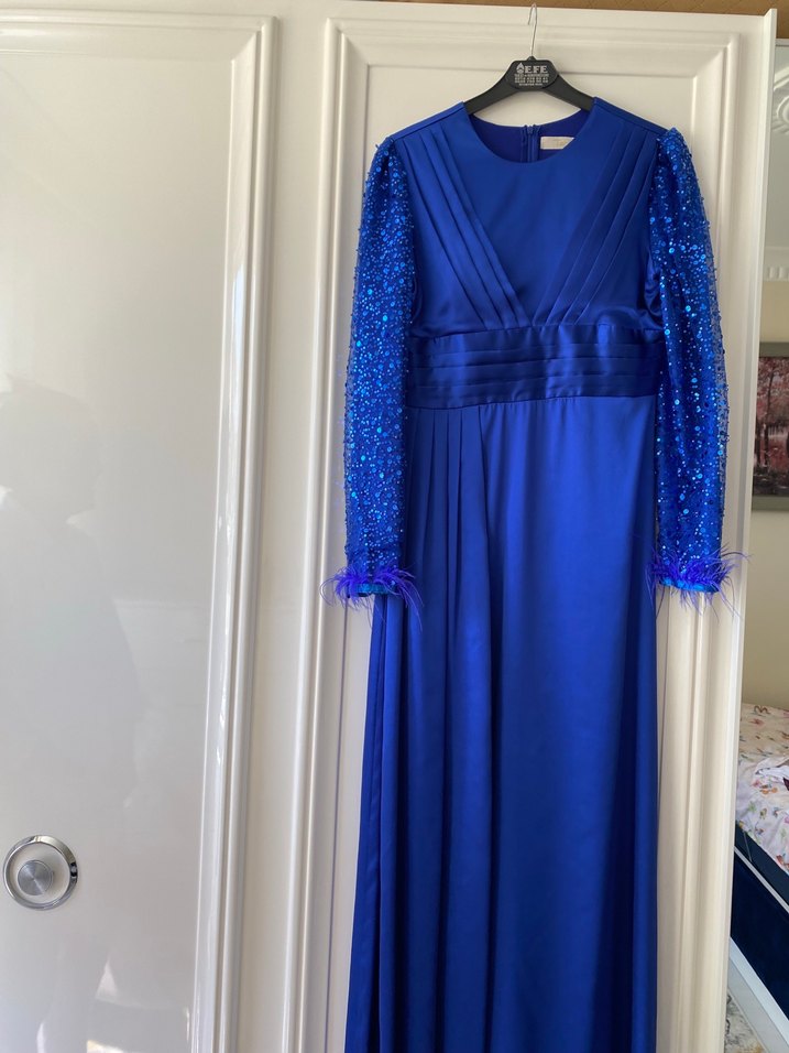 Parlak Mavi Uzun Kollu Kadın Abiye Elbise - Görsel 4