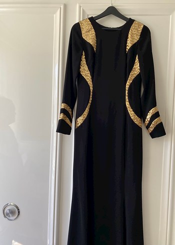 Altın Detaylı Siyah Uzun Abiye Elbise - Görsel 5