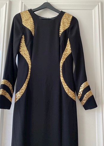 Altın Detaylı Siyah Uzun Abiye Elbise - Görsel 4