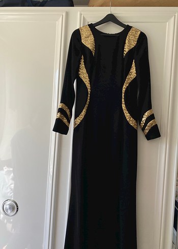 Altın Detaylı Siyah Uzun Abiye Elbise - Görsel 2