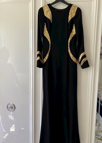Altın Detaylı Siyah Uzun Abiye Elbise - Görsel 6
