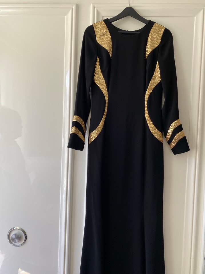 Altın Detaylı Siyah Uzun Abiye Elbise - Görsel 5