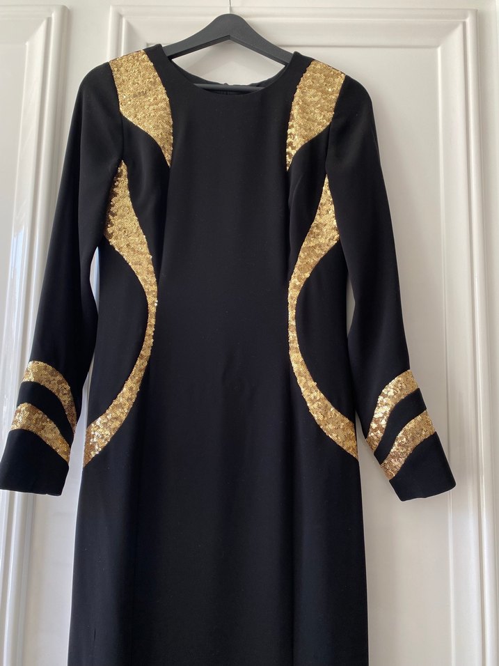 Altın Detaylı Siyah Uzun Abiye Elbise - Görsel 3