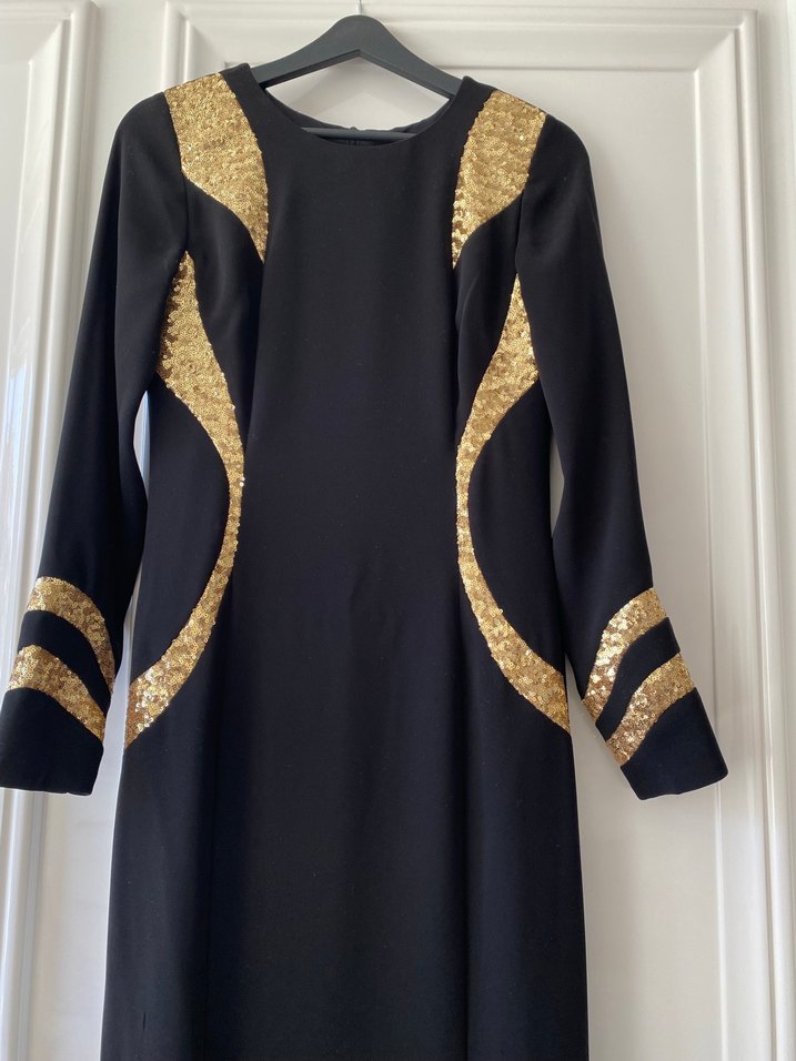 Altın Detaylı Siyah Uzun Abiye Elbise - Görsel 4