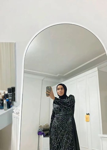 Siyah taşlı Desenli Transparan Uzun Abiye Elbise