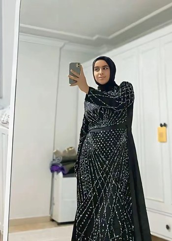 Abiye Siyah taşlı Desenli Transparan Uzun Abiye Elbise