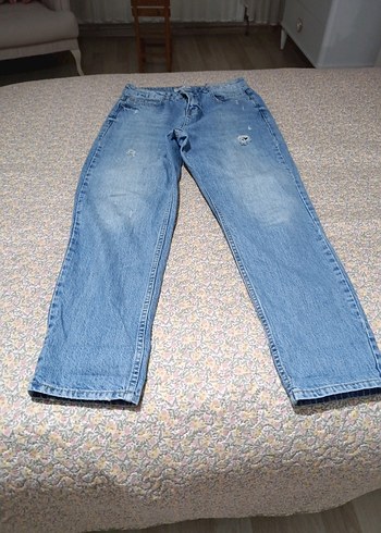 Bohem Mavi Düğmeli Geniş Kesim Kot Pantolon - Görsel 3