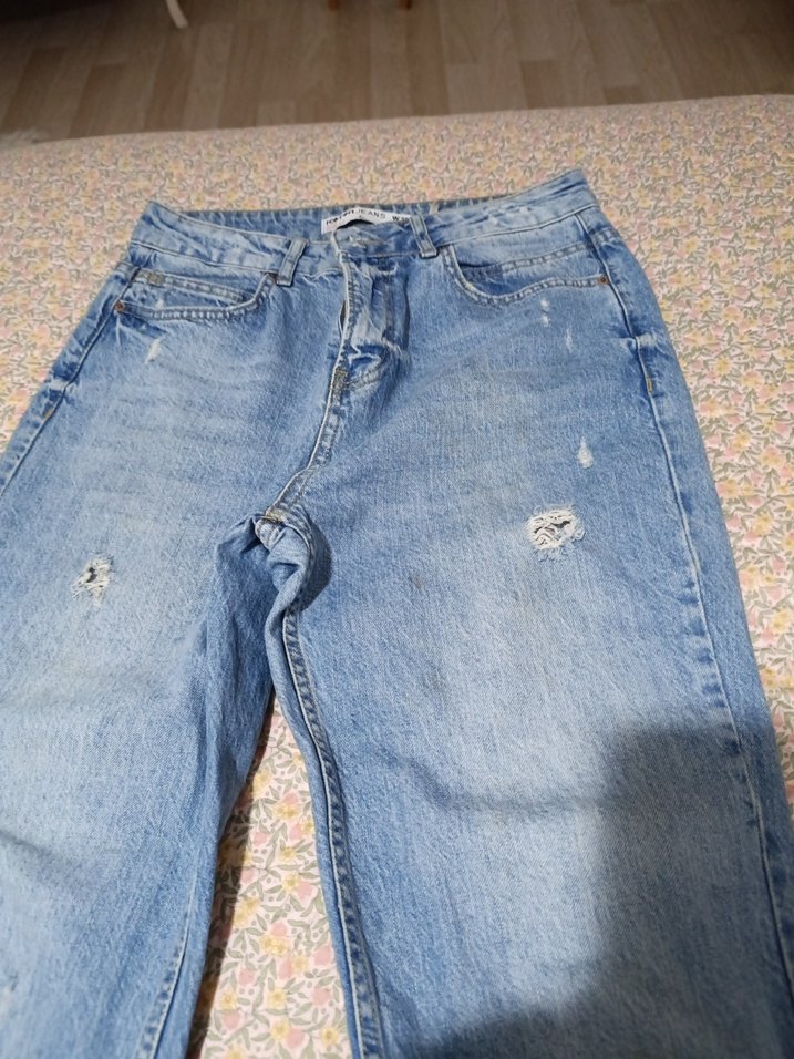 Bohem Mavi Düğmeli Geniş Kesim Kot Pantolon - Görsel 2