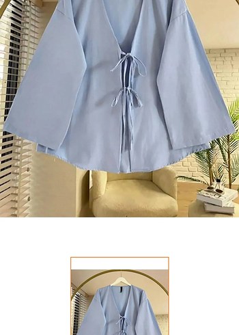 Mavi Mini Kimono V Yaka Bağcıklı