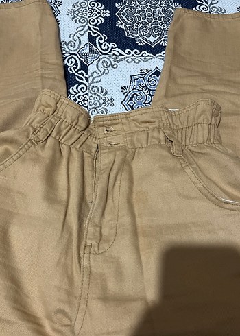 Kadın bej Keten Bol Kesim Kemerli Pantolon - Görsel 3