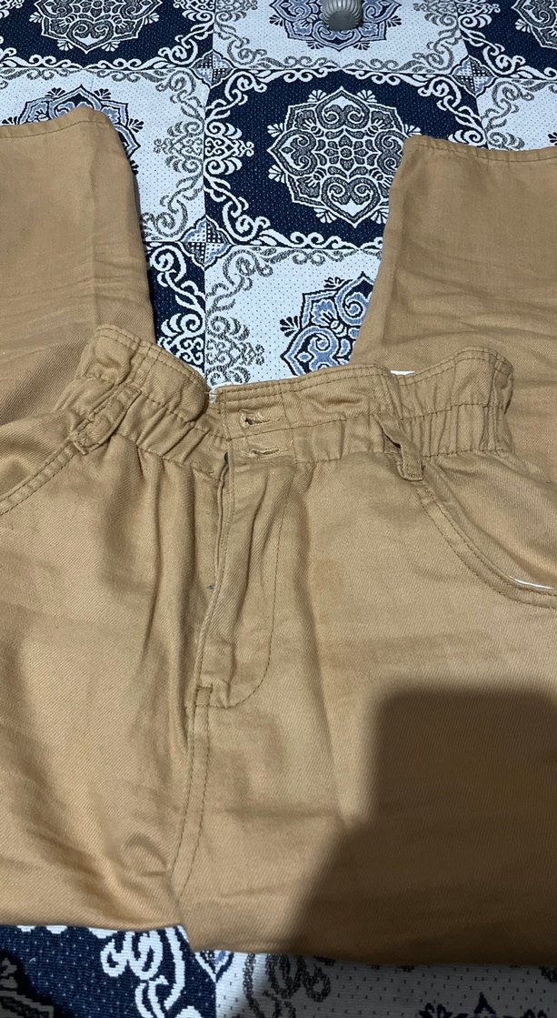 Kadın bej Keten Bol Kesim Kemerli Pantolon - Görsel 3