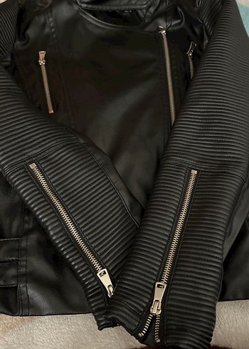 Siyah Deri Biker Kadın Ceket - Görsel 3