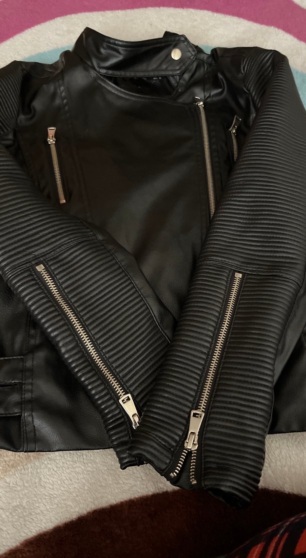 Siyah Deri Biker Kadın Ceket - Görsel 3