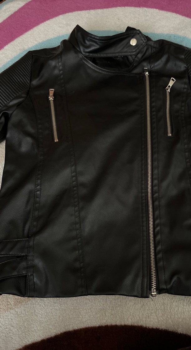 Siyah Deri Biker Kadın Ceket - Görsel 2