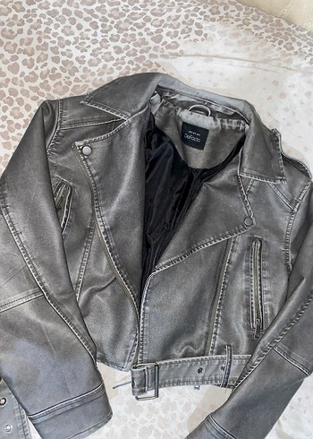 Gri Deri Biker Ceket