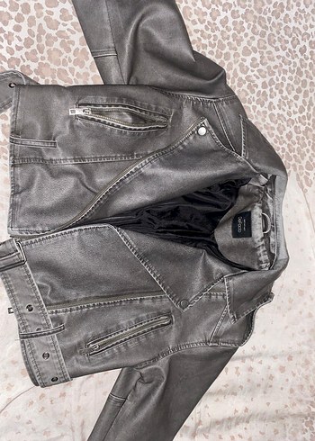 Defacto Gri Deri Biker Ceket