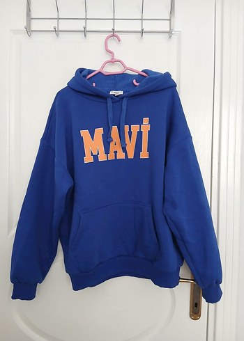 Mavi Kapüşonlu Örme Sweatshirt