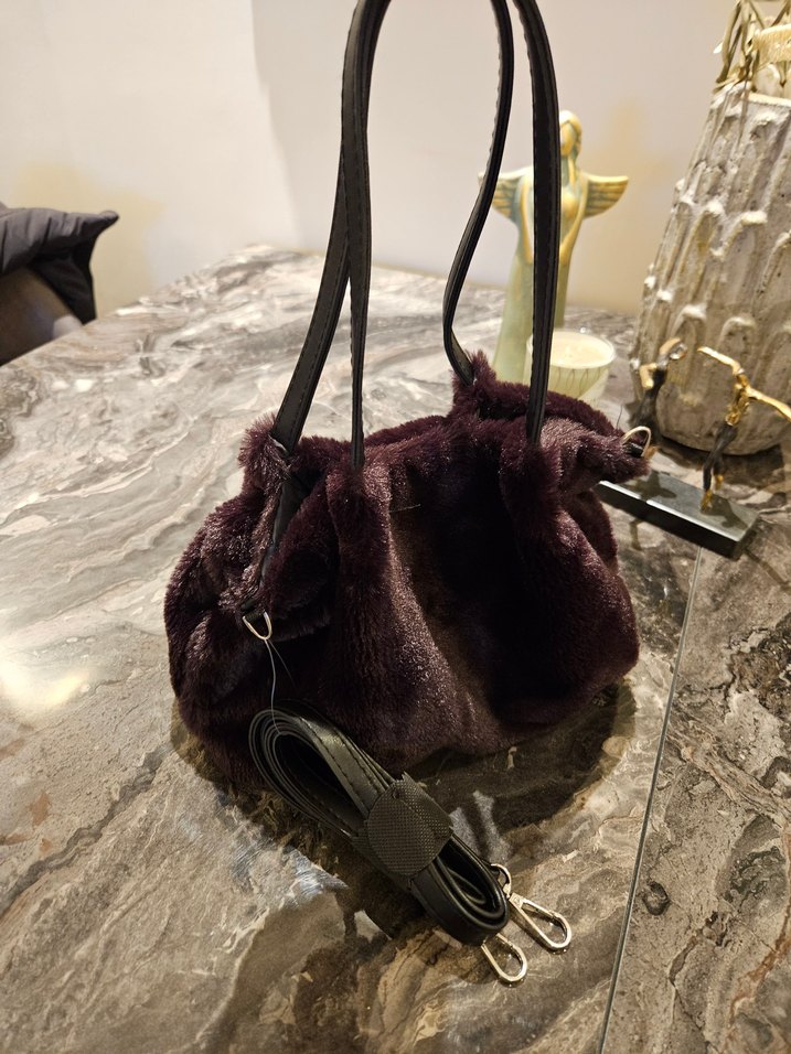 Bordo Kürklü Kadın El Çantası - Görsel 2