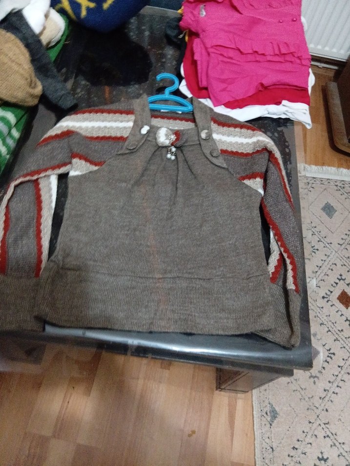 Bohem Tarzı Kahverengi Mini Triko Kazak - Görsel 3