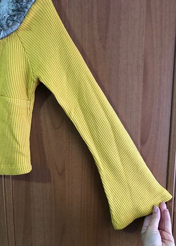 Sarı Triko Kadın Kazak, Kürklü Yaka, Uzun Kollu - Görsel 3