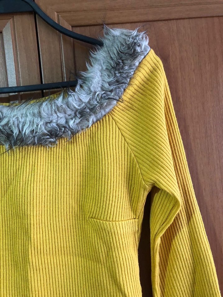 Sarı Triko Kadın Kazak, Kürklü Yaka, Uzun Kollu - Görsel 2