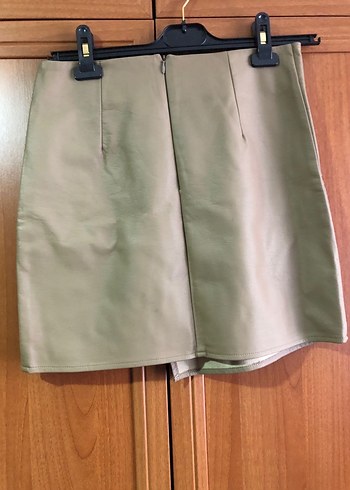 Düğmeli Bej Deri Mini Etek - Görsel 4