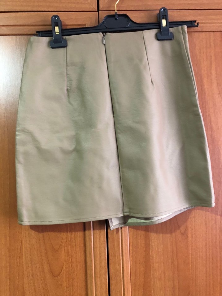 Düğmeli Bej Deri Mini Etek - Görsel 4