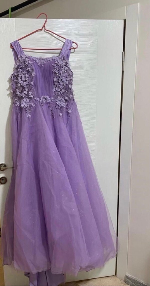 Mor Çiçekli Uzun Abiye Elbise - Görsel 4