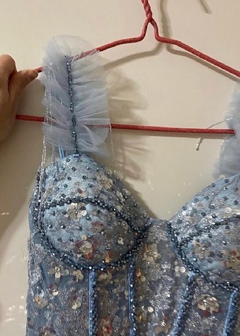 Abiye Payet İşlemeli Uzun Mavi Kadın Abiye Elbise