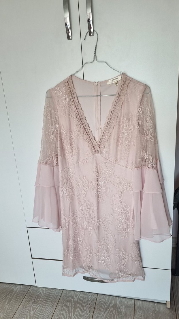 Pembe Dantel İşlemeli V Yaka Midi Elbise - Görsel 3