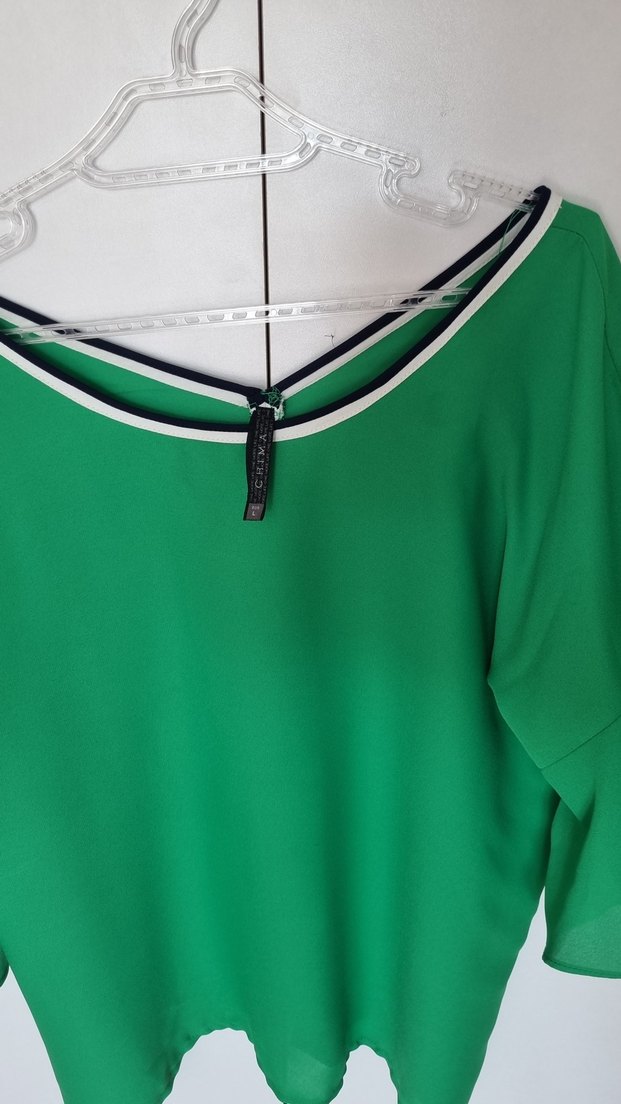Yeşil Kadın Bluz, Kayık Yaka, Kemerli, Uzun Kollu - Görsel 2