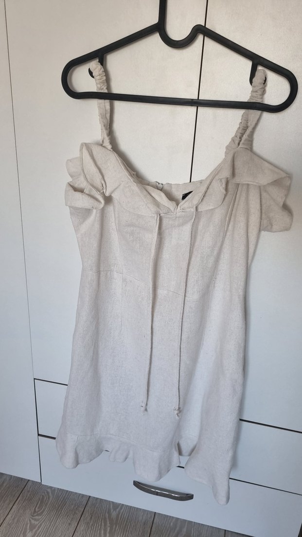 Bej Keten Mini Elbise, Fırfırlı, dar Kesim - Görsel 2