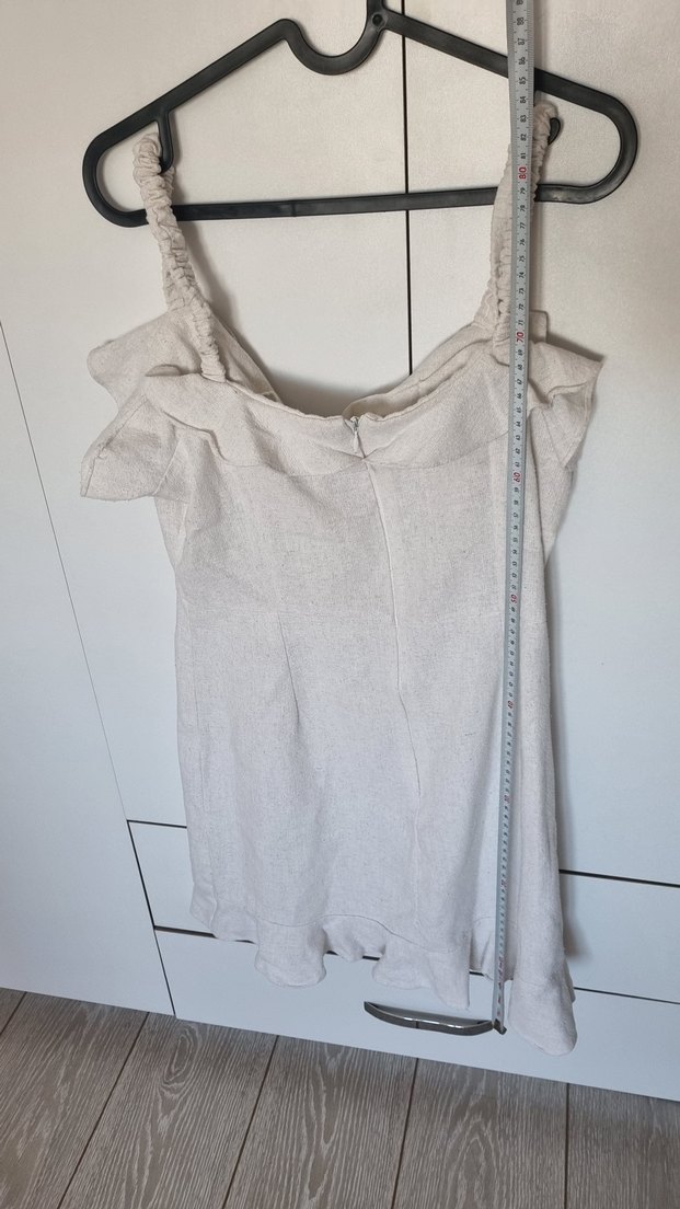 Bej Keten Mini Elbise, Fırfırlı, dar Kesim - Görsel 4