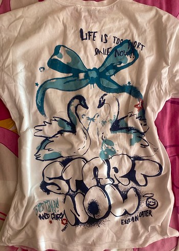 Beyaz Baskılı Kısa Kollu Kadın Tişört - Görsel 2