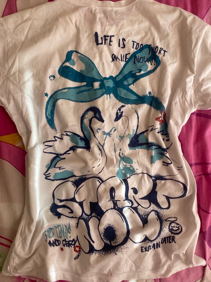 Beyaz Baskılı Kısa Kollu Kadın Tişört - Görsel 2