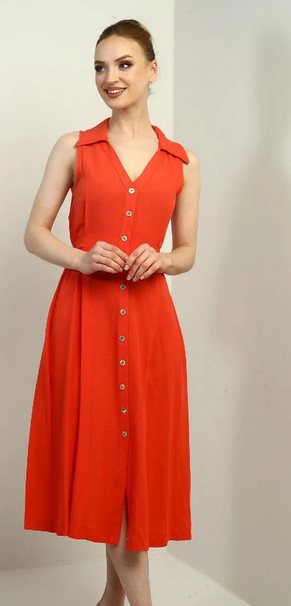 Düğmeli Kırmızı Midi V Yakalı Elbise - Görsel 2