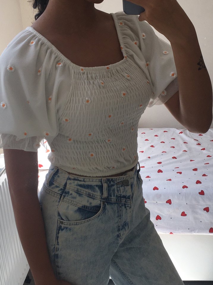 Nakışlı Beyaz Straplez Mini Bluz - Görsel 2