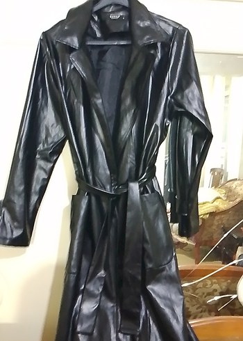 Siyah Deri Uzun Kadın Trençkot - Görsel 5