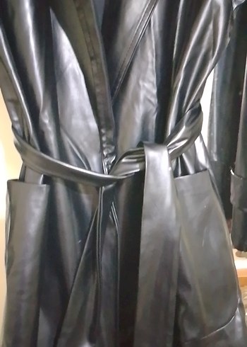 Siyah Deri Uzun Kadın Trençkot - Görsel 4