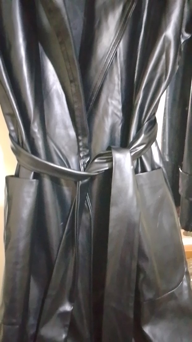 Siyah Deri Uzun Kadın Trençkot - Görsel 4