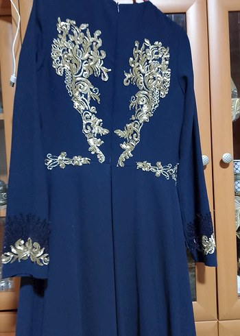 Nakışlı Lacivert Uzun Kollu Abiye Elbise - Görsel 7