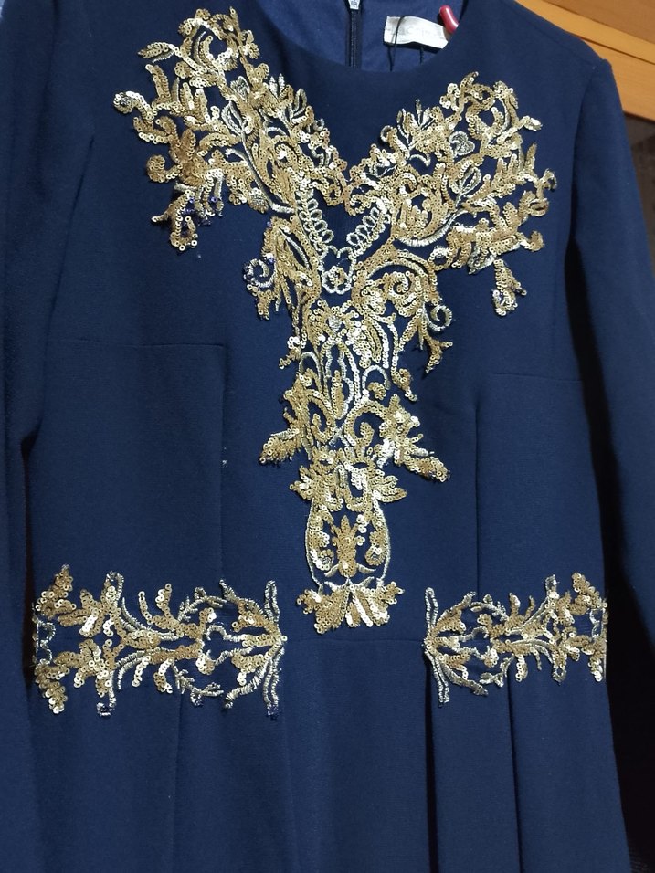 Nakışlı Lacivert Uzun Kollu Abiye Elbise - Görsel 3