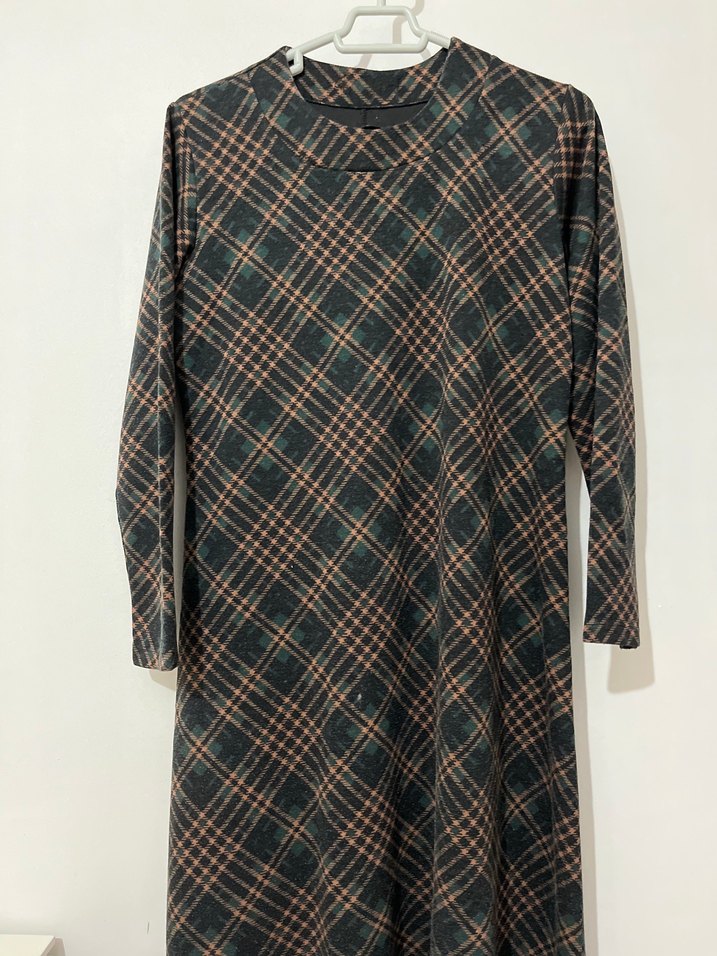 Kahverengi Ekose Uzun Kollu Kadın Elbise - Görsel 4