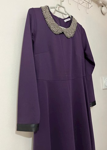 Uzun Mor Kadın Elbise, Uzun Kollu, Kayık Yaka - Görsel 4