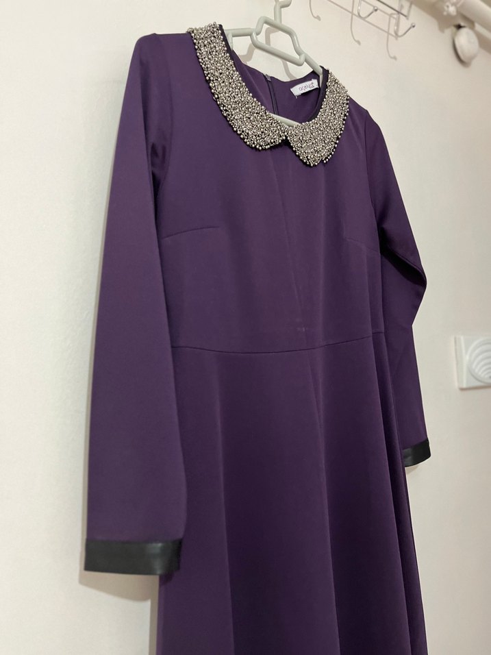 Uzun Mor Kadın Elbise, Uzun Kollu, Kayık Yaka - Görsel 4
