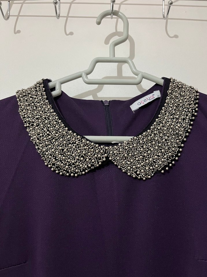 Uzun Mor Kadın Elbise, Uzun Kollu, Kayık Yaka - Görsel 3