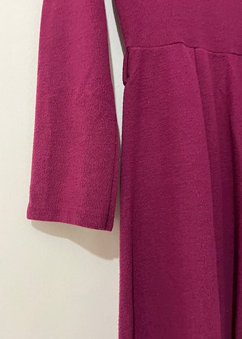 Bordo Uzun Kollu Piliseli V Yaka Elbise - Görsel 3