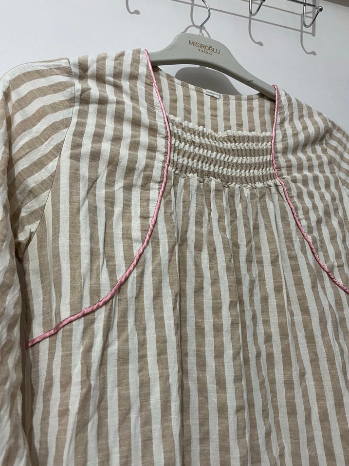 Bej Çizgili Uzun Kollu Keten Elbise - Görsel 3